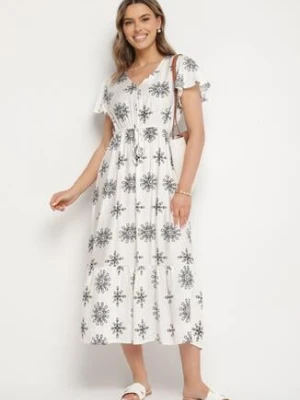 Biało-Czarna Wiskozowa Sukienka w Kwiaty z Falbanką Lumaliae j&x