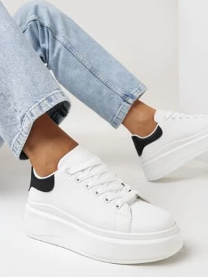 Biało-Czarne Gładkie Sneakersy z Ekoskóry na Grubej Podeszwie ze Sznurowaniem Avara sesamall
