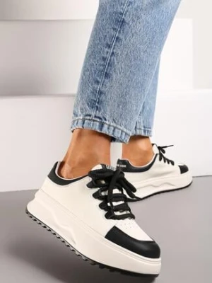 Biało-Czarne Skórzane Sneakersy na Platformie z Szerokim Sznurowaniem Wicca