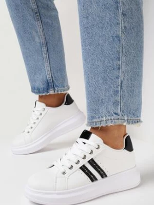 Biało-Czarne Sneakersy na Grubej Podeszwie z Błyszczącymi Detalami z Cyrkoniami Elysiena