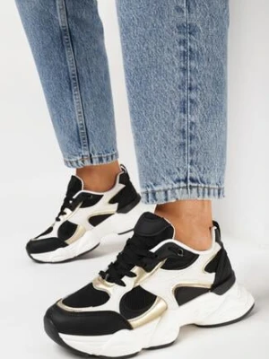 Biało-Czarne Sneakersy na Grubej Podeszwie z Siateczką i Metalicznymi Wstawkami Terlimi