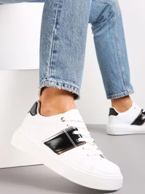 Biało-Czarne Sneakersy na Niskiej Platformie z Metalicznymi Wstawkami Tommu