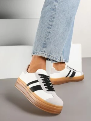 Biało-Czarne Sneakersy na Płaskiej Podeszwie z Ozdobnymi Paskami Velali