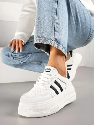 Biało-Czarne Sneakersy na Platformie Ozdobione Paskami i Perforacją Fonadel