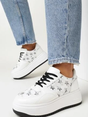 Biało-Czarne Sneakersy na Platformie Zdobione Printem Kwiaty Alilena