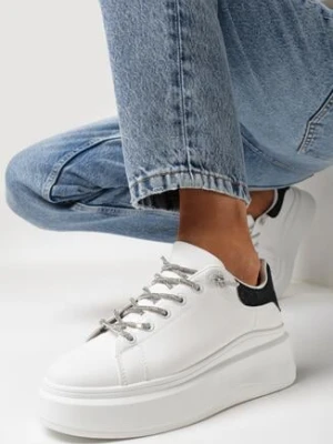 Biało-Czarne Sneakersy z Brokatem i Biżuteryjnymi Sznurowadłami Nilirea