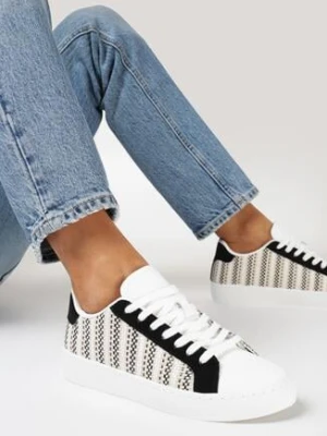 Biało-Czarne Sneakersy z Ekoskóry ze Sznurowaniem i Wstawką w Kratę Fibrusa