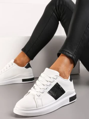 Biało-Czarne Sneakersy z Metalicznymi Wstawkami i Cyrkoniami na Grubej Podeszwie Wirela
