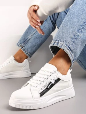 Biało-Czarne Sneakersy z Ozdobnym Suwakiem i Brokatem na Platformie Learis