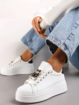 Biało-Czarne Sneakersy z Platformą i Odpinanymi Biżuteryjnymi Aplikacjami na Sznurówkach Tamaki