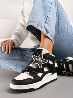 Biało-Czarne Sneakersy z Wysoką Cholewka na Płaskiej Podeszwie z Gwiazdą Savilia