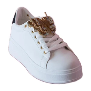 Biało-czarne sneakersy zdobione motylkiem z cyrkoniami białe Inna marka