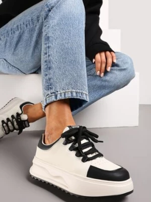 Biało-Czarne Sneakersy ze Skóry Naturalnej z Platformą i Szerokimi Sznurówkami Talthea