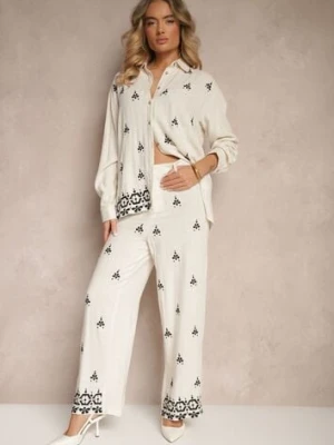 Biało-Czarne Spodnie z Wiskozą i Lnem High Waist o Szerokim Kroju z Haftami Olerina melya by melody