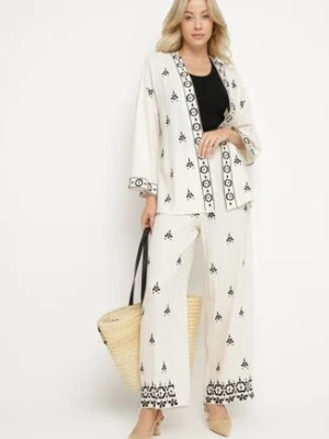 Biało-Czarne Szerokie Spodnie z Lnem Wiskozą Wysokim Stanem i Haftami Ilonira melya by melody