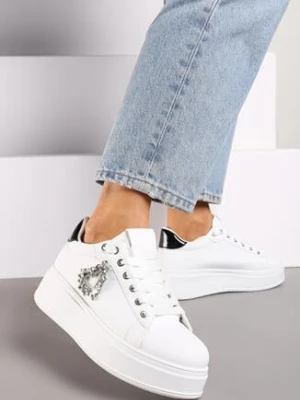Zdjęcie produktu Biało-Czarne Sznurowane Sneakersy na Grubej Podeszwie Ozdobione Cyrkoniami Elivira