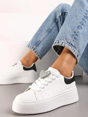 Biało-Czarne Sznurowane Sneakersy na Grubej Podeszwie z Metalową Ozdobą i Cyrkoniami Cavendra