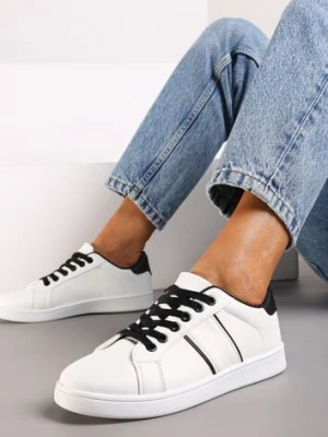 Biało-Czarne Sznurowane Sneakersy na Płaskiej Podeszwie Wykończone Paskami Elinela