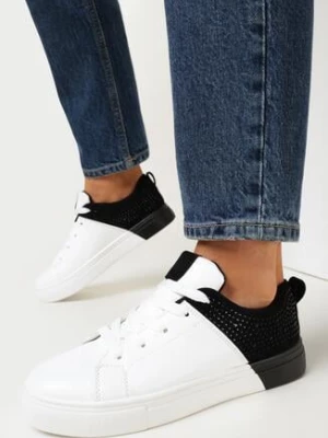 Biało-Czarne Sznurowane Sneakersy na Płaskiej Podeszwie z Ozdobnymi Cyrkoniami Gimena