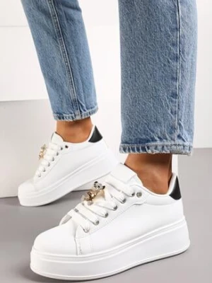 Biało-Czarne Sznurowane Sneakersy na Platformie z Ekoskóry z Ozdobnym Misiem Neonda