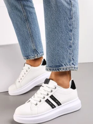 Biało-Czarne Sznurowane Sneakersy z Imitacji Skóry Ozdobione Paskami z Cyrkoniami Isolinna