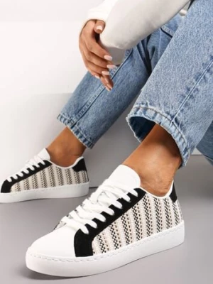 Biało-Czarne Sznurowane Sneakersy z Materiałową Wstawką i Okrągłym Noskiem Bowlie