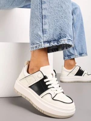 Biało-Czarne Sznurowane Sneakersy ze Skóry z Ozdobnymi Przeszyciami na Niskiej Platformie Glenita