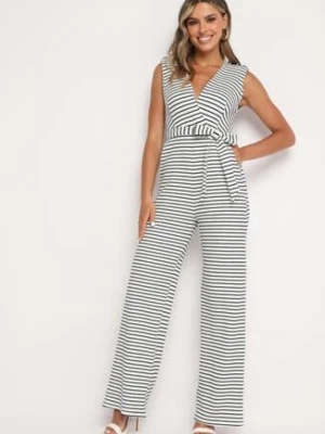 Biało-Czarny Kombinezon Kopertowy w Paski z Wiązaniem w Talii Rivarelle by swan