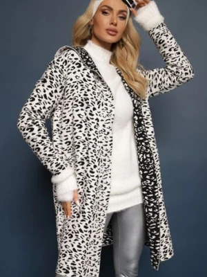 Biało-Czarny Niezapinany Kardigan z Kieszeniami w Panterkowy Print Riaverna glo-story