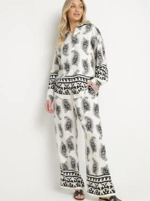 Biało-Czarny Wiskozowy Komplet we Wzór Paisley Koszula i Spodnie Vallevi defox