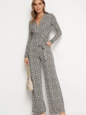 Biało-Czarny Wzorzysty Kombinezon z Długim Rękawem i Szerokimi Spodniami z Wiązaniem w Pasie Vilati by swan