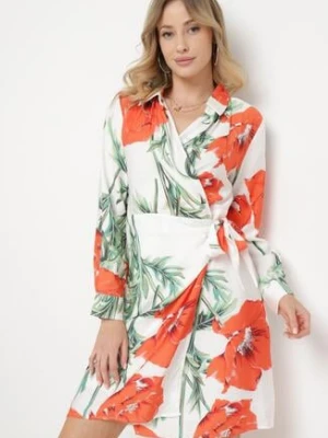 Biało-Czerwona Kopertowa Sukienka w Kwiaty z Wiązaniem w Pasie i Długim Rękawem Iarneli sophyline