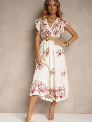 Biało-Czerwona Kopertowa Sukienka z Wiskozy Ozdobiona Haftem i Paskiem Nilatea rosa