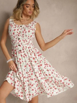 Biało-Czerwona Rozkloszowana Sukienka na Ramiączkach w Kwiatowy Print Xallio defox
