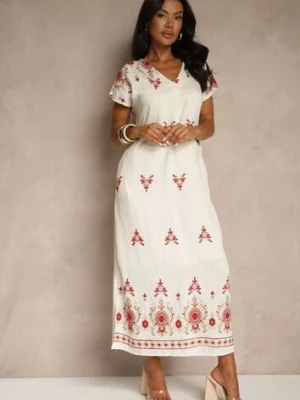 Biało-Czerwona Sukienka z Wiskozy ze Wzorem w Stylu Etno Meluriela rosa