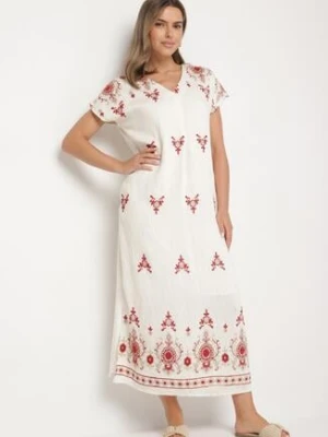 Biało-Czerwona Wiskozowa Sukienka Pudełkowa z Ornamentnym Wzorem Melosea rosa
