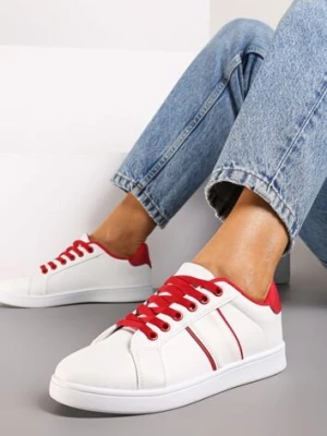 Biało-Czerwone Sznurowane Sneakersy na Płaskiej Podeszwie Wykończone Paskami Elinela