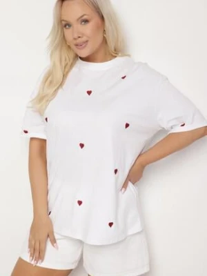 Biało-Czerwony Bawełniany T-shirt Zdobiony Haftem w Kształcie Serc Naloree melya by melody