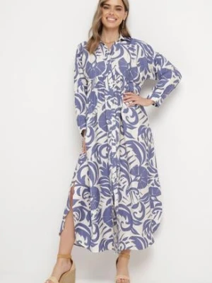 Biało-Fioletowa Sukienka Szmizjerka Zapinana na Guziki z Falbanką Lavernia melya by melody