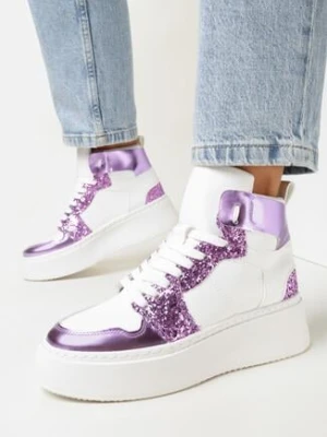 Zdjęcie produktu Biało-Fioletowe Sneakersy na Grubej Płaskiej Podeszwie z Cholewką za Kostkę Ozdobione Brokatem i Metalicznymi Wstawkami Byreli
