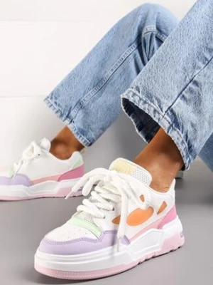 Biało-Fioletowe Sneakersy na Grubej Podeszwie z Ozdobnym Sznurowaniem Aqulli