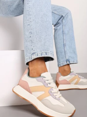 Biało-Fioletowe Sneakersy na Płaskiej Podeszwie z Geometryczną Wstawką Sewla