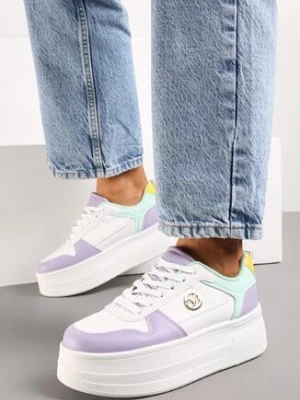 Biało-Fioletowe Sneakersy na Platformie z Metalową Ozdobą Trionna