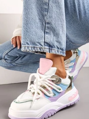 Biało-Fioletowe Sneakersy Ozdobione Kolorowymi i Metalicznymi Wstawkami na Grubej Podeszwie Oplevia