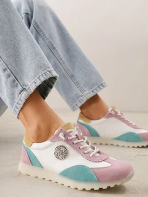 Biało-Fioletowe Sneakersy ze Skóry Naturalnej Ozdobione Metaliczną Aplikacją Tidina goodin