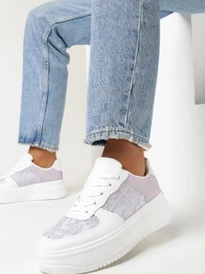 Biało-Fioletowe Sznurowane Sneakersy na Grubej Podeszwie z Brokatowym Zdobieniem Samuellis