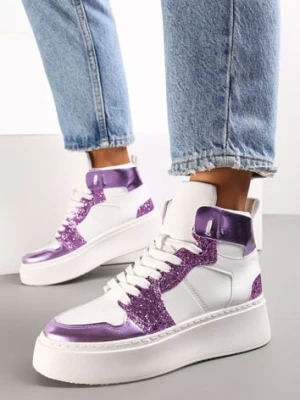 Biało-Fioletowe Sznurowane Sneakersy za Kostkę z Brokatem i Metalicznymi Wstawkami Sareena