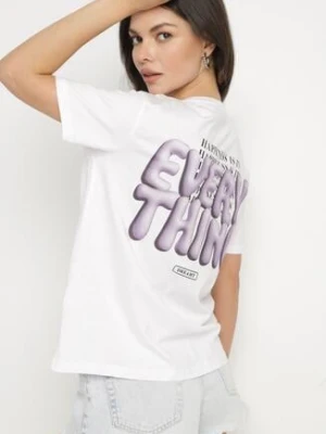 Biało-Fioletowy Bawełniany T-shirt z Napisami Hallena fresh made