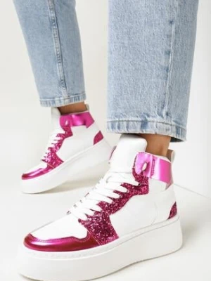 Biało-Fuksjowe Sneakersy na Grubej Płaskiej Podeszwie z Cholewką za Kostkę Ozdobione Brokatem i Metalicznymi Wstawkami Byreli