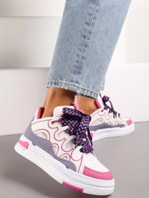 Biało-Fuksjowe Sneakersy na Grubej Podeszwie z Ozdobnymi Sznurówkami Theist
